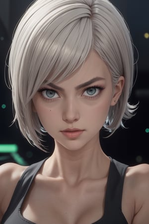 masterpiece, best quality, (detailed background), (beautiful detailed face, beautiful detailed eyes), absurdres, highres, ultra detailed, masterpiece, best quality, detailed eyes, grey-eyes, green hair, alluring, closed mouth, neck bone, at the bed room, midnight, cyberpunk scene, neon lights, lightning, light particles, electric, dj theme, synthwave theme, (bokeh:1.1), depth of field, looking_at_viewer, pov_eye_contact, silver hair, fair complexion, pink lips, kinki, light skin, grey iris, serious, frown, smirk, 2 type b, black dress, mole on the right part of her chin