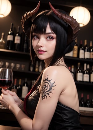 masterpiece, best quality, (detailed background), (beautiful detailed face, beautiful detailed eyes), absurdres, highres, ultra detailed, masterpiece, best quality, detailed eyes, 1_girl, pink lips, neck bone, red-eyes, midnight, at the bar, nighttime, night, alluring, marked v, marked lower abs, marked abs, upper body, mouth_closed, smile, black hair,eliza, pale-skinned, vampire, black hair, short bob hairstyle, long bangs, scrolling black tattoo between her shoulder blades, red horns, gothic lolita dress, panty_hose, red high heels, pov_eye_contact, smile, looking_at_viewer, from front, medium_breasts, sitting_down, holding a glass of wine