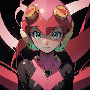 masterpiece, best quality, (detailed background), (beautiful detailed face, beautiful detailed eyes), absurdres, highres, ultra detailed, masterpiece, best quality, detailed eyes, green eyes ,mecha musume,guiltys, lightweight bodysuit-type, mixture of the colors pink, red, black, highlighting different parts of her body, Attached to her helmet is a pair of transparent ribbon-like antennae, at cyberspace background