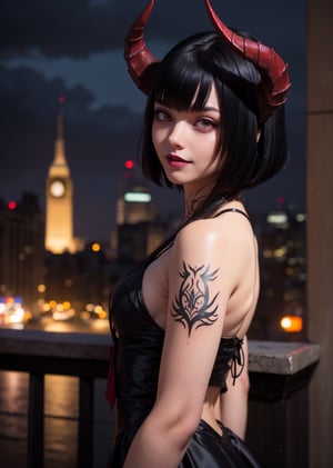 masterpiece, best quality, (detailed background), (beautiful detailed face, beautiful detailed eyes), absurdres, highres, ultra detailed, masterpiece, best quality, detailed eyes, 1_girl, pink lips, neck bone, red-eyes, midnight, at the city, nighttime, night, alluring, marked v, marked lower abs, marked abs. upper body, mouth_closed, smile, black hair,eliza, pale-skinned, vampire, black hair, short bob hairstyle, long bangs, scrolling black tattoo between her shoulder blades, red horns, gothic lolita dress, panty_hose, red high heels, pov_eye_contact