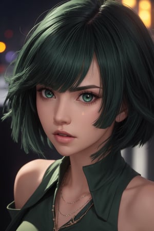 masterpiece, best quality, (detailed background), (beautiful detailed face, beautiful detailed eyes), absurdres, highres, ultra detailed, masterpiece, best quality, detailed eyes, green_eyes, green hair, alluring, closed mouth, neck bone, at the city, midnight, cyberpunk scene, neon lights, light particles, (bokeh:1.1), depth of field, looking_at_viewer, pov_eye_contact, dark green hair, fair complexion, pink lips, frown,fubuki\(one punch man\), curvy figure, chin-length, dark green hair with a fringe styled into a bob, and her eyes are light green, dark green form-fitting V-neck dress with a high collar, thigh-high black boots and several white pearl necklaces, frown