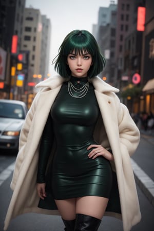 masterpiece, best quality, (detailed background), (beautiful detailed face, beautiful detailed eyes), absurdres, highres, ultra detailed, masterpiece, best quality, detailed eyes, green_eyes, green hair, alluring, open mouth, neck bone, at the city, midnight, cyberpunk scene, neon lights, light particles, (bokeh:1.1), depth of field, looking_at_viewer, pov_eye_contact, dark green hair, fair complexion, pink lips, curvy figure, chin-length, dark green hair with a fringe styled into a bob, and her eyes are light green, dark green form-fitting V-neck dress with a high collar, thigh-high black boots and several white pearl necklaces, frown, arms_crossed, arms_folded,fubuki, one punch man, perfecteyes, smirk, frown, white furr coat, arms_crossed, anime posing