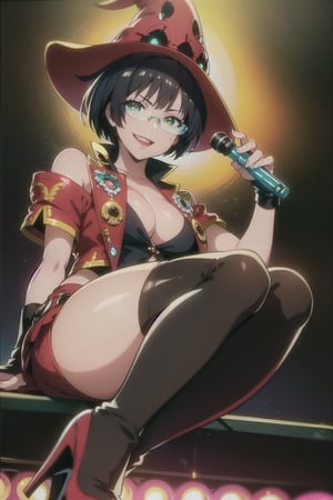 masterpiece, best quality, (detailed background), (beautiful detailed face, beautiful detailed eyes), absurdres, highres, ultra detailed, masterpiece, best quality, detailed eyes, green_eyes, black hair, sexy pose, alluring, open mouth, close-fitting clothing, neck bone, at a concert, midnight, cyberpunk scene, neon lights, lightning, light particles, electric, dj theme, synthwave theme, (bokeh:1.1), depth of field, looking_at_viewer, pov_eye_contact, guiltys, black buttoned short top, cleavage, red jacket, high heel boots, black fingerless gloves, black hair in a bob cut, fair complexion, red lips, mole on left cheek, witch hat that has a skull face on it, glasses with green crystal, smiling, red short-shorts, smirk, inoMS, medium_breasts, playing_instrument