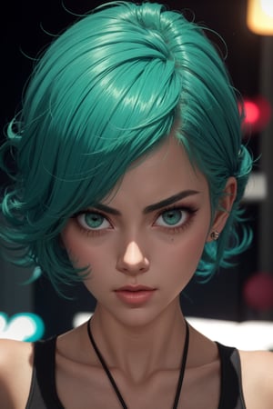masterpiece, best quality, (detailed background), (beautiful detailed face, beautiful detailed eyes), absurdres, highres, ultra detailed, masterpiece, best quality, detailed eyes, green_eyes, green hair, alluring, open mouth, neck bone, at the bed room, midnight, cyberpunk scene, neon lights, lightning, light particles, electric, dj theme, synthwave theme, (bokeh:1.1), depth of field, looking_at_viewer, pov_eye_contact, green hair, fair complexion, pink lips, kinki, frown, pouty