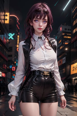 masterpiece, best quality, (detailed background), (beautiful detailed face, beautiful detailed eyes), absurdres, highres, ultra detailed, masterpiece, best quality, detailed eyes, frown, light_purple_eyes, purple hair, long hair, high collar, asian girl, upper body, sexy pose, alluring, neck bone, space background, cyberpunk scene, neon lights, upper body, close shot, vfx purple lightnings, eyes, collared shirt, shorts, sunglasses, eyewear on head, solo, pantyhose, black shorts, coat, long sleeves,Kafka(hsr), closed mouth smile, touching_lips