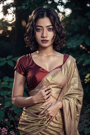 1girl, Highly detailed RAW color Photo, poised pose, Full Body, of portrait of a girl age 18 with silky golden saree dress, elegant, highly detailed, depth of field, octane render, outdoors, toned body, (bloom:0.7), particle effects, raytracing, cinematic lighting, shallow depth of field, photographed  wide angle lens, sharp focus, cinematic, short_curly_hair, average_breasts, dark hair, green-eyes, ((sexy_pink_lips)), perfect hand, perfect fingers, average_breasts, bloom,rashmika ,no_humans,Detailedface