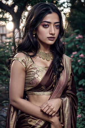 1girl, Highly detailed RAW color Photo, poised pose, Full Body, of portrait of a girl age 18 with silky golden saree dress, elegant, highly detailed, depth of field, octane render, outdoors, toned body, (bloom:0.7), particle effects, raytracing, cinematic lighting, shallow depth of field, photographed  wide angle lens, sharp focus, cinematic, average_breasts, dark hair, green-eyes, ((sexy_pink_lips)), perfect hand, perfect fingers, average_breasts, bloom,rashmika ,no_humans,Detailedface
