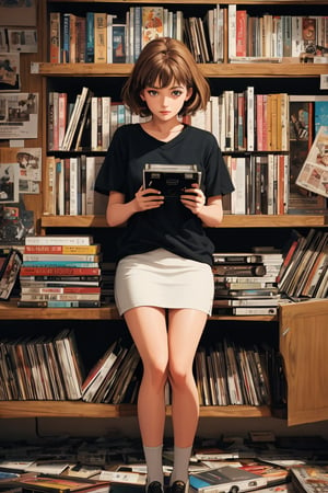 GIRL WITH VHS, VIDEO TAPE, MUJER LOVED CINEMA, BOOK, NERD