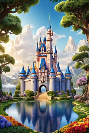 Draw a picture of an  Disney castle  ( beautiful Disney castle )  and blend it with the perfect balance between art and nature, combining elements such as flowers, leaves, and other natural motifs to create unique and intricate designs with symmetry, perfect_symmetry, Leonardo style, ghost style, line_art, 3D style, white background