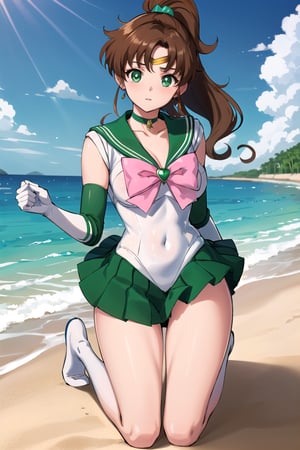 best quality, highres, sailor Jupiter, green eyes, ponytail, jewelry, sailor senshi uniform, green sailor collar, choker, white elbow gloves, pink bow, brooch, leotard, green skirt, smjupiter, kneeling, submissive, beautiful face, on beach 