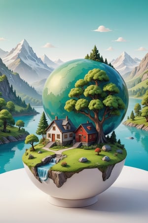 (best quality), (4k resolution), creative illustration of a miniature world on a white pedestal. The world is a green sphere with various natural and artificial elements. There is a river, trees, mountains, and a small house on the sphere. The image has a minimalist style with a light color palette that creates a contrast with the white background,,<lora:659095807385103906:1.0>