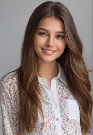 full-length portrait of a beautiful girl in her early 25s, with long uncut BROWN hair, BRORN HAZEL eyes, ruddy skin, beautiful, button nose, full lips, a minuscule amount of clothing, smiling, feeling of lightness and joy, hyperrealism, skin very elaborated, direct gaze,woman