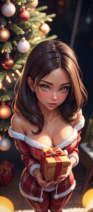 From above, Cinematic professional results, ultrarealistic hyperdetailed, Christmas wonder, beautiful woman decorating a Christmas tree with lights, bokeh, 8kUHD, brunette with long flowy hair,  holding Christmas gift,  wearing pijamas 