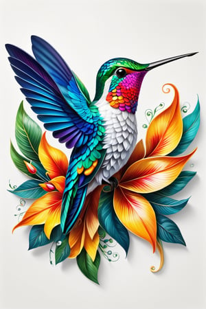 Draw a picture of an   hummingbird ( beautiful hummingbird )  and blend it with the perfect balance between art and nature, combining elements such as flowers, leaves, and other natural motifs to create unique and intricate designs with symmetry, perfect_symmetry, Leonardo style, ghost style, line_art, 3D style, white background