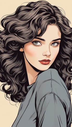 Beautiful woman with black midi ling wavy hair and gray eyes, photography, realistic, high contrast,ink draw,Comic book Grzegorz Rosiński style, Vector Drawing
 , professional, 4k, mutted colors, vintage, ,Flat vector art,Vector illustration,flat design,Illustration