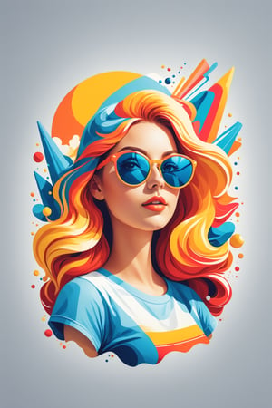 artwork of t-shirt graphic design, flat design of one retro ,retro girl, colorfull shades, highly detailed clean, vector image, photorealistic masterpiece, professional photography, simple sunrise backdrop , flat white background, isometric, vibrant vector((white background)),flat design. color splash,