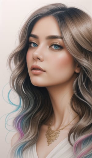 landscape, surreal fairytale style, head tilt, upper body, huge breasts, oversized detailed {blue|haze|} eyes, looking down, seductive, textured hair, simple {charcoal|white} background, soft muted pastel colored pencil illustration, intricate gold filigree necklace, from side, multicolored {brown|black|white} hair, wispy curled hair, style of Carne Griffiths, (unfinished sketch), extremely high detail,midjourney,1 girl,Mysticstyle,photorealistic