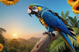 (masterpiece:1.2, highest quality), (realistic, photo_realistic:1.9), ((Photoshoot))
a  blue macaw parrot  flying,  (detailed background), (gradients), detailed colorful landscape, key visual, glowing skin.
beautiful and forest, stunning trees and flowers, stunning sunset. Medium shot. action camera. Portrait film. standard lens Golden hour lighting.
8k, UHD, high quality, frowning, intricate detailed, highly detailed, hyper-realistic,(Circle:1.4)