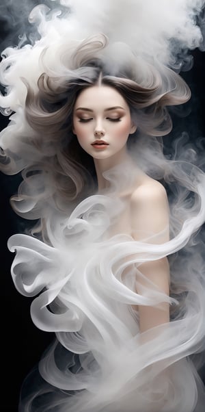 smoke sculpture portrait of a woman ( Lana Rhoades face) , in the style of flowing fabrics, delicate ink washes, dance, juliana nan, clear and crisp, mandy disher, movement and spontaneity captured