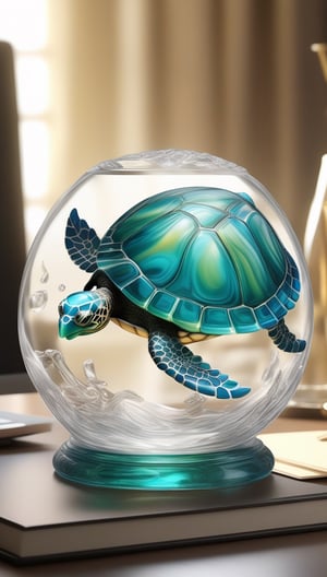 Generate an image of a sophisticated glass art rendition featuring  sea ​​turtle. The intricately crafted figurine stands elegantly on a desk, capturing the essence of high-end craftsmanship.Clear Glass Skin, sea ​​turtle -themed , realistic glass style , (flag of venezuela at the base of the figure) , 8k hight defitition, 