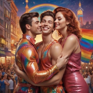 ((two gay men hugging and two lesbian women hugging)), A bold, bright, and beaming poster exudes campy charm! A dashing figure, resplendent in a sparkly jumpsuit, strikes a pose against a kaleidoscope of rainbow hues. The iconic flag waves proudly in the background, set against a cityscape's twinkling lights. Framed by ornate gold filigree, the subject's confident smile and sassy gaze dare you to 'Come out, come out, wherever you are!' - A defiant declaration of pride and unity, rendered in vivid colors and playful flair.
