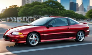 ((Ultra-realistic)) photo of 1997 CHEVROLET CAVALIER,dark irony RED with blue undertone color,shiny spinning wheels,glossy black alloy rims with silver edge,bright turned on head lights,(Ultra-Detailed Super-Realistic city street backdrop:1.3),depth of perspective, vehicle focus,(wide shot)
BREAK
sharp focus,high contrast,studio photo,trending on artstation,rule of thirds,perfect composition,(Hyper-detailed, masterpiece, HDR,16K,shiny,glossy,reflective:1.3),(by Chris Bangle),H effect,photo_b00ster,real_booster,more detail XL