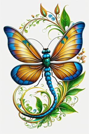 Draw a picture of an  dragon-fly  ( beautiful dragon-fly )  and blend it with the perfect balance between art and nature, combining elements such as flowers, leaves, and other natural motifs to create unique and intricate designs with symmetry, perfect_symmetry, Leonardo style, ghost style, line_art, 3D style, white background