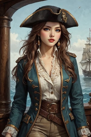 Oil painting of a very beautiful pirate captain  manga girl, (perefct eyes), (light brown hazel eyes:1.4), perfect detailed eyes, perfect detailed nose, perfect detailed lips. (perfect hands), She wears a aquamarine and black velvet long jacket with golden buttons, shirt adorned with lace, brown leather trousers, Intricately detailed accessories and pirate hat. She is on the deck of her ship and cheers her crew on to fight during the battle. Dynamic pose. Masterpiece, vibrant colors, eerie detail perfection, absurdres detail, realistic illustration, extremely detailed, intricately sharp details, sharp focus, chaotic (ships battle scenario:1.3), ships on background 