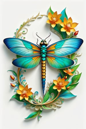 Draw a picture of an  dragon-fly  ( beautiful dragon-fly )  and blend it with the perfect balance between art and nature, combining elements such as flowers, leaves, and other natural motifs to create unique and intricate designs with symmetry, perfect_symmetry, Leonardo style, ghost style, line_art, 3D style, white background