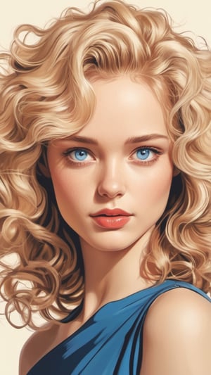 Beautiful woman with blonde midi ling curly hair and blue eyes, photography, realistic, high contrast,ink draw,Comic book Grzegorz Rosiński style, Vector Drawing
 , professional, 4k, mutted colors, vintage, ,Flat vector art,Vector illustration,flat design,Illustration