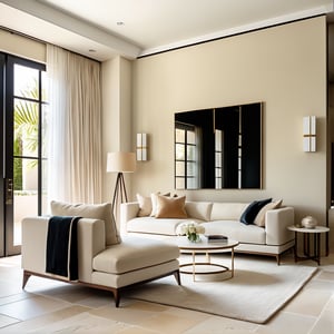 Photograph, contemporary living room, soft light of morning, integration of beige flooring and matte stone features, unified color scheme of soothing white tones, creating a white and inviting atmosphere, 35mm f/1.4G lens, set f/4, sophisticated furniture, including a white-colored sofa set and a minimalist side table, natural lights,more detail XL