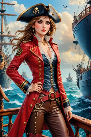 Oil painting full body of a very beautiful pirate captain manga girl, perfect detailed eyes, perfect detailed nose, perfect detailed lips. She wears a red leather long jacket with golden buttons, shirt adorned with lace, brown leather trousers, Intricately detailed accessories and pirate hat. She is on the deck of her ship and cheers her crew on to fight during the battle. Dynamic pose. Masterpiece, vibrant colors, eerie detail perfection, absurdres detail, realistic illustration, extremely detailed, intricately sharp details, sharp focus, chaotic (ships battle scenario:1.3), ships on background