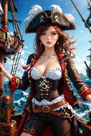 Very beautiful anime girl with a pirate captain jacket, leather corset, trousers and pirate hat, intricately detailed accessories. She is on the deck of her ship and cheers her crew on to fight. Masterpiece, realistic illustration, extremely detailed, intricately sharp details, (ships battle) on background 