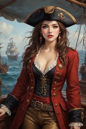 Oil painting of a very beautiful pirate captain  manga girl, perfect detailed eyes, perfect detailed nose, perfect detailed lips. She wears a red and black velvet long jacket with golden buttons, shirt adorned with lace, brown leather trousers, Intricately detailed accessories and pirate hat. She is on the deck of her ship and cheers her crew on to fight during the battle. Dynamic pose. Masterpiece, vibrant colors, eerie detail perfection, absurdres detail, realistic illustration, extremely detailed, intricately sharp details, sharp focus, chaotic (ships battle scenario:1.3), ships on background 