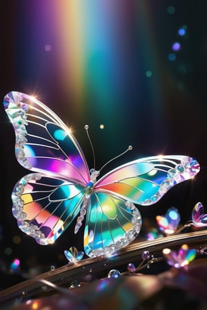 A mesmerizing 3D rendering of a transparent, iridescent crystal "C", where a graceful, iridescent crystal butterfly is delicately perched. The butterfly's wings, adorned with a symphony of rainbow hues, shimmer under the soft, ethereal glow. The background is a serene, dreamlike space, filled with delicate wisps of light. The overall atmosphere exudes a sense of enchantment and wonder., vibrant, fashion