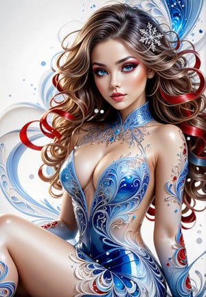 thin and very fine color lines stroke, ink splash art, 1 liquid lady made of colors, snowflakes, filigree, filigree detailed, swirling blue waves and red flame, intricated sitting pose, big beautiul eyes, reflections, full body portrait, crystal high heels,