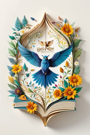 Draw a picture of an  Harry Potter book ( beautiful Harry Potter book)  and blend it with the perfect balance between art and nature, combining elements such as flowers, leaves, and other natural motifs to create unique and intricate designs with symmetry, perfect_symmetry, Leonardo style, ghost style, line_art, 3D style, white background