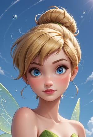 score_4, score_3_down, score_2_down, 1 girl, short blonde hair,  close up, art, blue eyes, Tinker bell, Disney fairy look, digital art, floating hair, Extremely Realistic, art photography, 