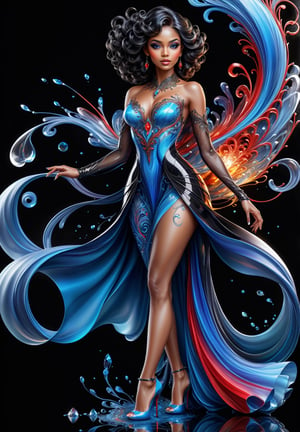 thin and very fine color lines stroke, ink splash art, 1 liquid black lady made of colors, colorful crystal, filigree, filigree detailed, swirling blue waves and red flame, intricated walking pose, big beautiul eyes, reflections, full body portrait, crystal high heels,