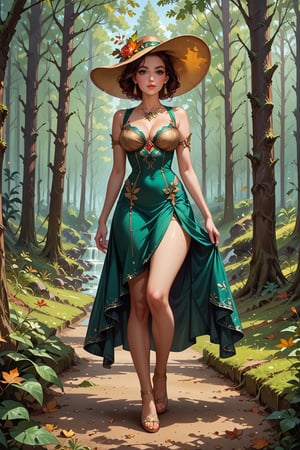 score_9,score_8_up,score_7_up,Masterpiece depicting a curvy female, dressed in an outfit with a short green skirt, strolling through a magnificent forest. Magical atmosphere. Warm autumn light.