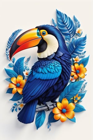 Draw a picture of an Toucan ( beautiful blue toucan )  and blend it with the perfect balance between art and nature, combining elements such as flowers, leaves, and other natural motifs to create unique and intricate designs with symmetry, perfect_symmetry, Leonardo style, ghost style, line_art, 3D style, white background