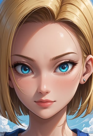 score_4, score_3_down, score_2_down, 1 girl, short blonde hair,  close up, art, blue eyes, Android 18 girl, dragón ball z anime style look, digital art, floating hair, Extremely Realistic, art photography, 