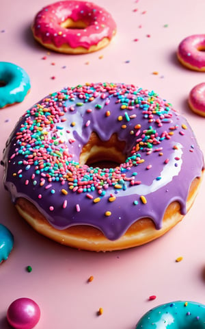 (best quality, 4k, 8k, highres, masterpiece), ultra-detailed,a donut coated with an iridescent glossy glaze that mirrors a chocolate, and pastel rainbow with swirls of ethereal pastel nebulas covered in colorful sprinkles 