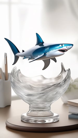 Generate an image of a sophisticated glass art rendition featuring shark. The intricately crafted figurine stands elegantly on a desk, capturing the essence of high-end craftsmanship.Clear Glass Skin,shark-themed , realistic glass style 
