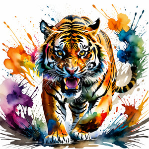 A wild tiger is roaring fiercely, charging directly towards the camera with a fierce expression. The imagery is captured in a dynamic watercolor style, showcasing vibrant colors and fluid strokes. Splashes and splatters around the tiger indicate its rapid movement and wild energy. The details of the body are particularly rich, with vivid colors to emphasize its impressive size and regal demeanor.