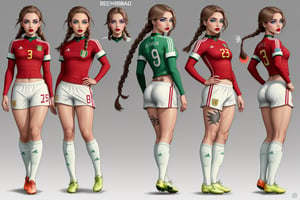The concept character sheet of a strong, attractive, and hot soccer woman, soccer style, wearing RED WINE and white color jersey, venezuelan soccer uniform, venezuelan flag in uniform. Her face is oval, forehead is smooth and visibly rounded at the temples. jawline is softly defined, giving her a gentle and feminine appearance, full body, Full of details, frontal body view, back body view, Highly detailed, Depth, Many parts, ((Masterpiece, Highest quality)), 8k, Detailed face, scars, serious expression. Infographic drawing. Multiple sexy poses. tattoos,3d, (braids green), (light green eyes), choker