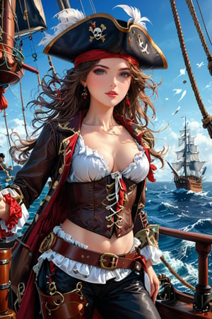 Very beautiful anime girl with a pirate captain jacket, leather corset, trousers and pirate hat, intricately detailed accessories. She is on the deck of her ship and cheers her crew on to fight. Masterpiece, realistic illustration, extremely detailed, intricately sharp details, (ships battle) on background 