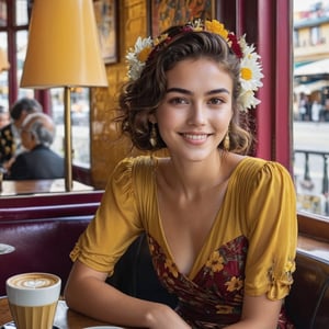 Hyper-Realistic photo of a beautiful roberta franco sitting in a cafe,20yo,1girl,solo,detailed exquisite face,soft shiny skin,smile,looking at viewer,roberta franco lookalike,elegant dress,[deep yellow and wine red color]
BREAK
backdrop:oceanview cafe,table,coffee mug,window,lamp, flower,(girl focus),cluttered maximalism
BREAK
settings: (rule of thirds1.3),perfect composition,studio photo,trending on artstation,depth of perspective,(Masterpiece,Best quality,32k,UHD:1.4),(sharp focus,high contrast,HDR,hyper-detailed,intricate details,ultra-realistic,kodachrome 800:1.3),(cinematic lighting:1.3),(by Karol Bak$,Alessandro Pautasso$,Gustav Klimt$ and Hayao Miyazaki$:1.3),art_booster,photo_b00ster, real_booster