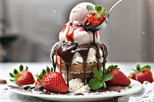 Huge ice cream sundae, strawberry, cream, chocolate sprinkles, a leaf of mint, fresh cut strawberries, chocolate sauce overflowing onto the table, spoon in the center towards the camera with ice cream on it which is melting and dripping, background white table think with lace, Young woman in the background pushes the spoon into her mouth with relish macro photography, deep blur lora:detail_slider,booth,sweetscape