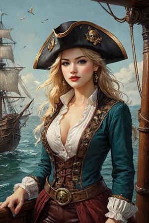 Oil painting of a very beautiful pirate captain  manga blonde girl, perfect detailed eyes, perfect detailed nose, perfect detailed lips. She wears a teal velvet long jacket with golden buttons, shirt adorned with lace, dark red leather trousers, Intricately detailed accessories and pirate hat. She is on the deck of her ship and cheers her crew on to fight during the battle. Dynamic pose. Masterpiece, vibrant colors, warm light, eerie detail perfection, absurdres detail, realistic illustration, extremely detailed, intricately sharp details, sharp focus, chaotic (ships battle scenario:1.3), ships on background 